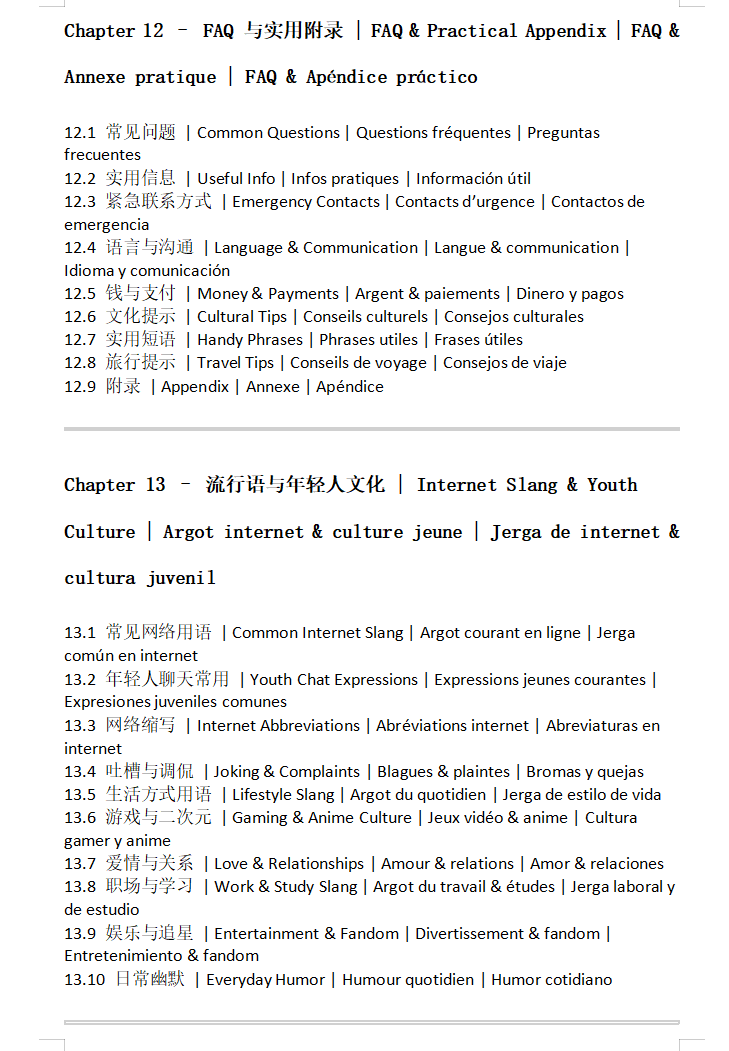 1000 practical oral chinese sentences(Quadrilingual reference: CH EN FR ES)